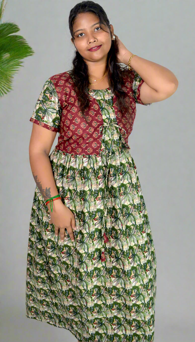 Charcoal Green and Brown Frock Style Nighty