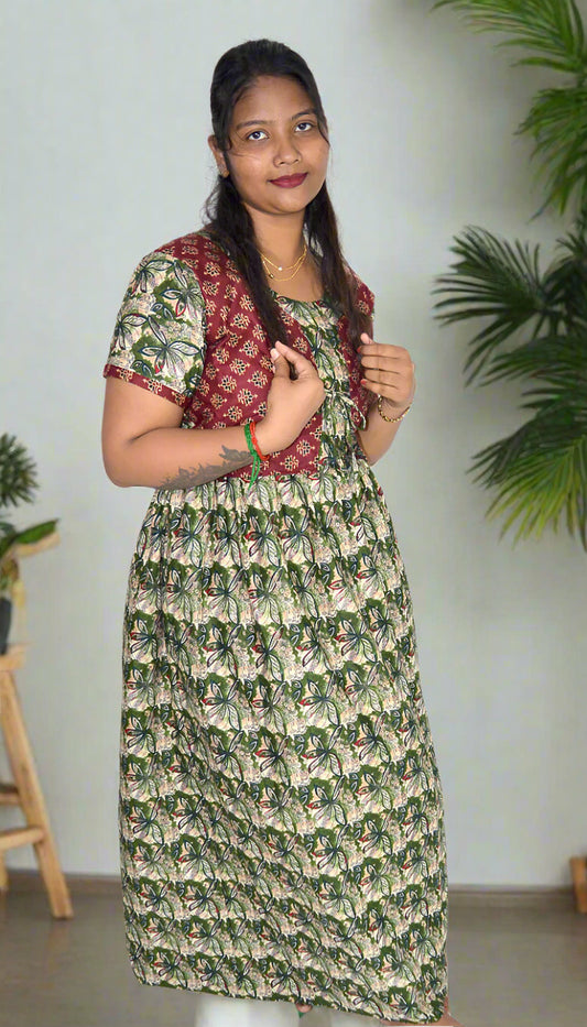 Charcoal Green and Brown Frock Style Nighty