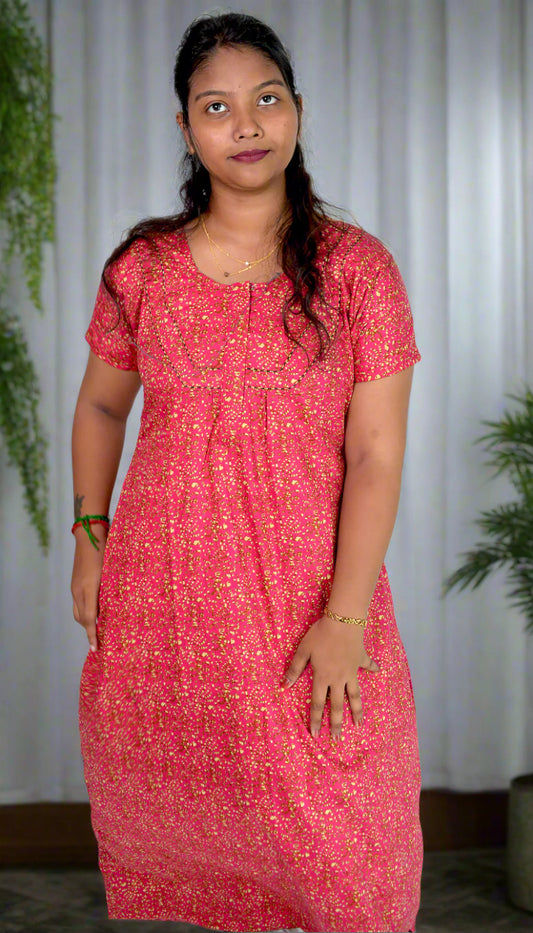 Cotton Red Floral Print Nighty