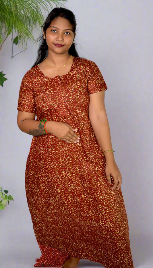 Maroon Cotton Printed Nighty