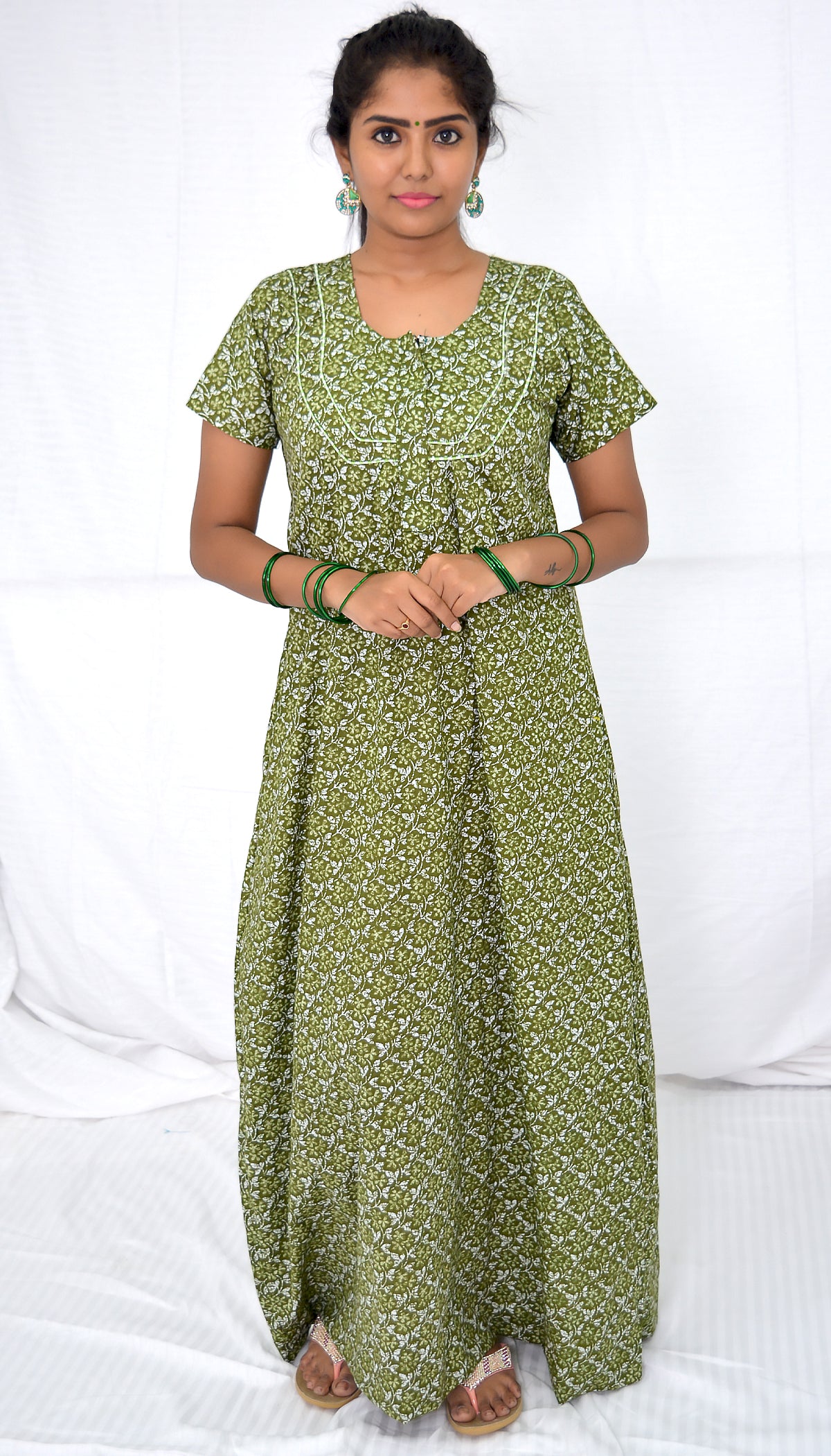 Dark Olive Green cotton Floral Nighties