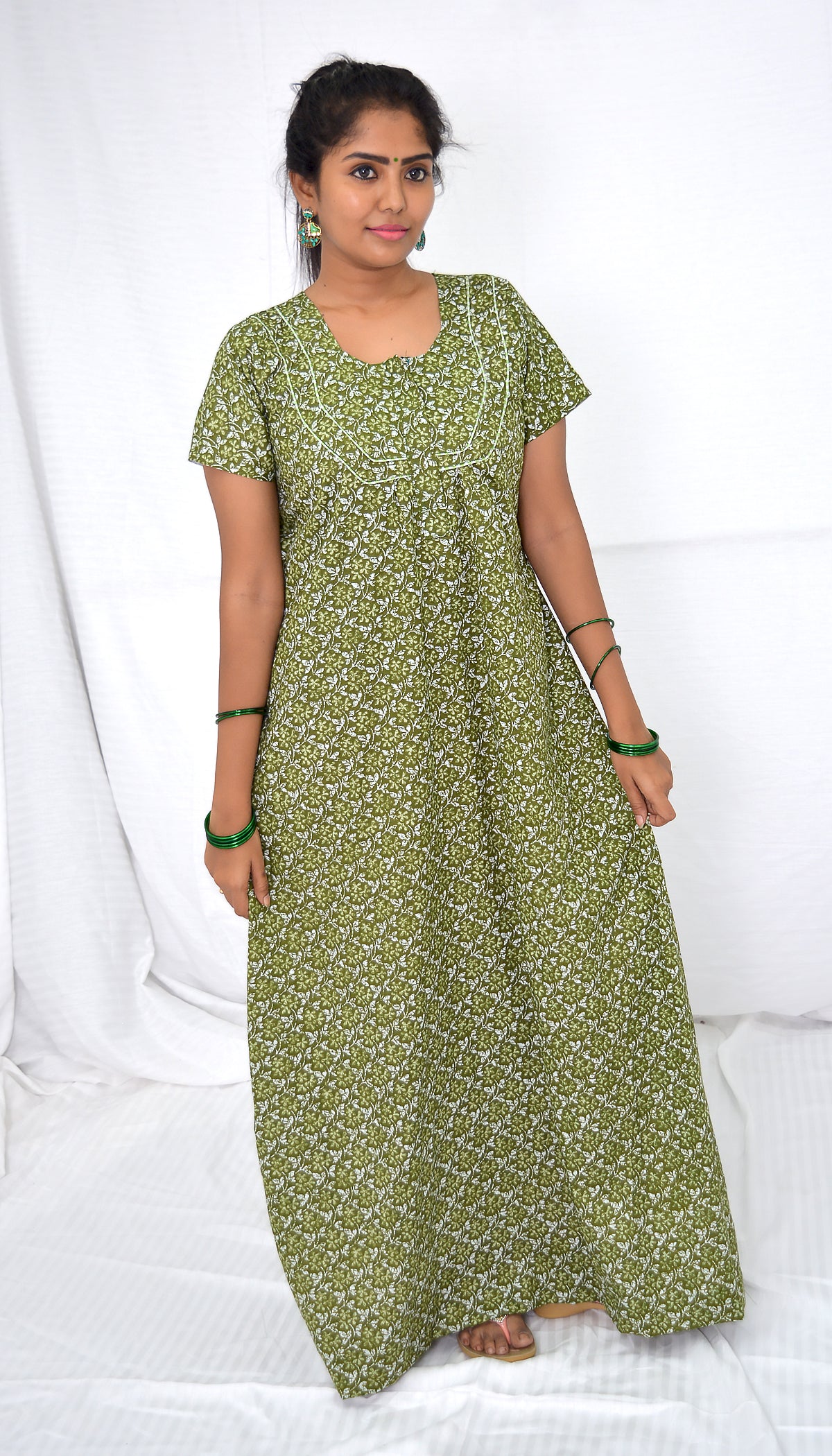 Dark Olive Green cotton Floral Nighties