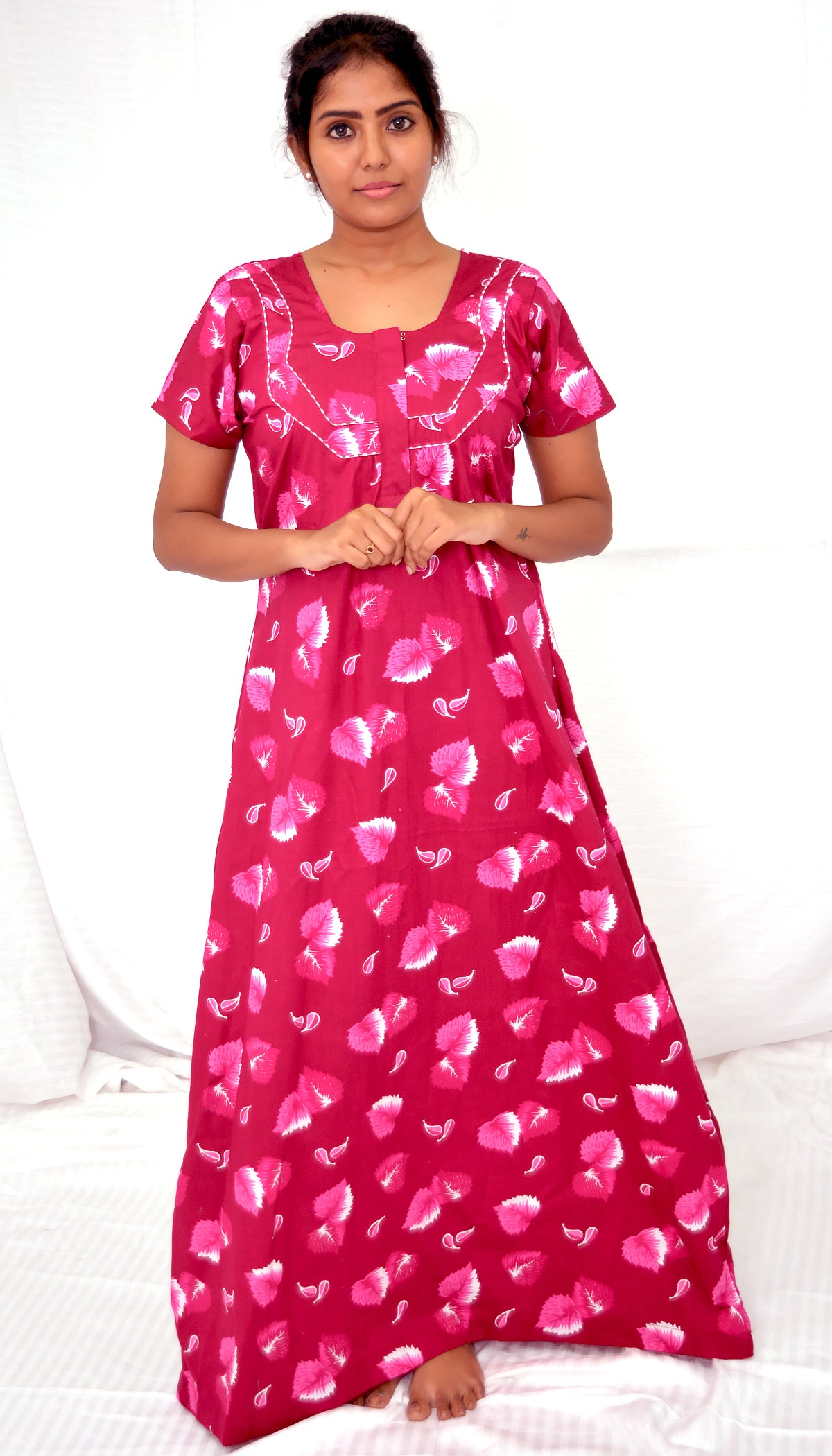 Dark magenta cotton Floral Nighties