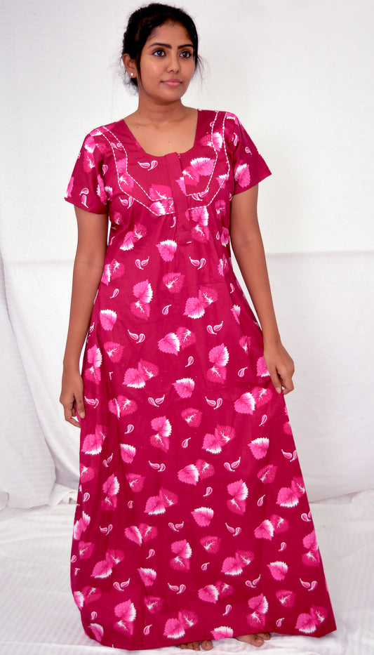Dark magenta   cotton  Floral Nighties