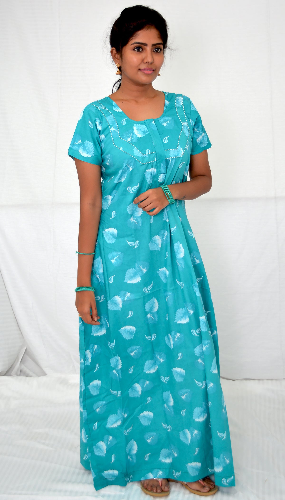 Dark cyan  cotton  Floral Nighties