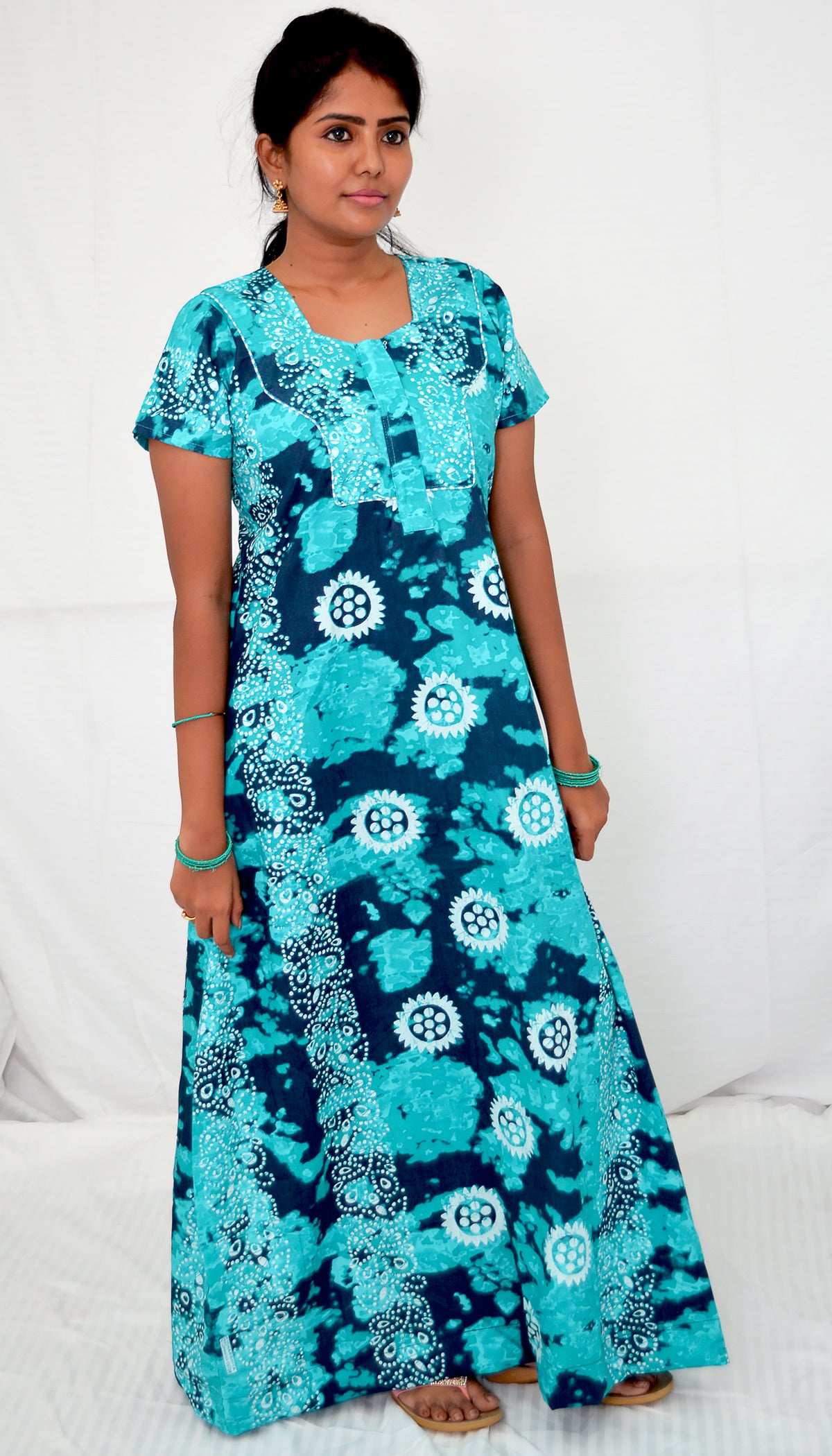 TURQUOISE FLOWER  cotton  Floral Nighties