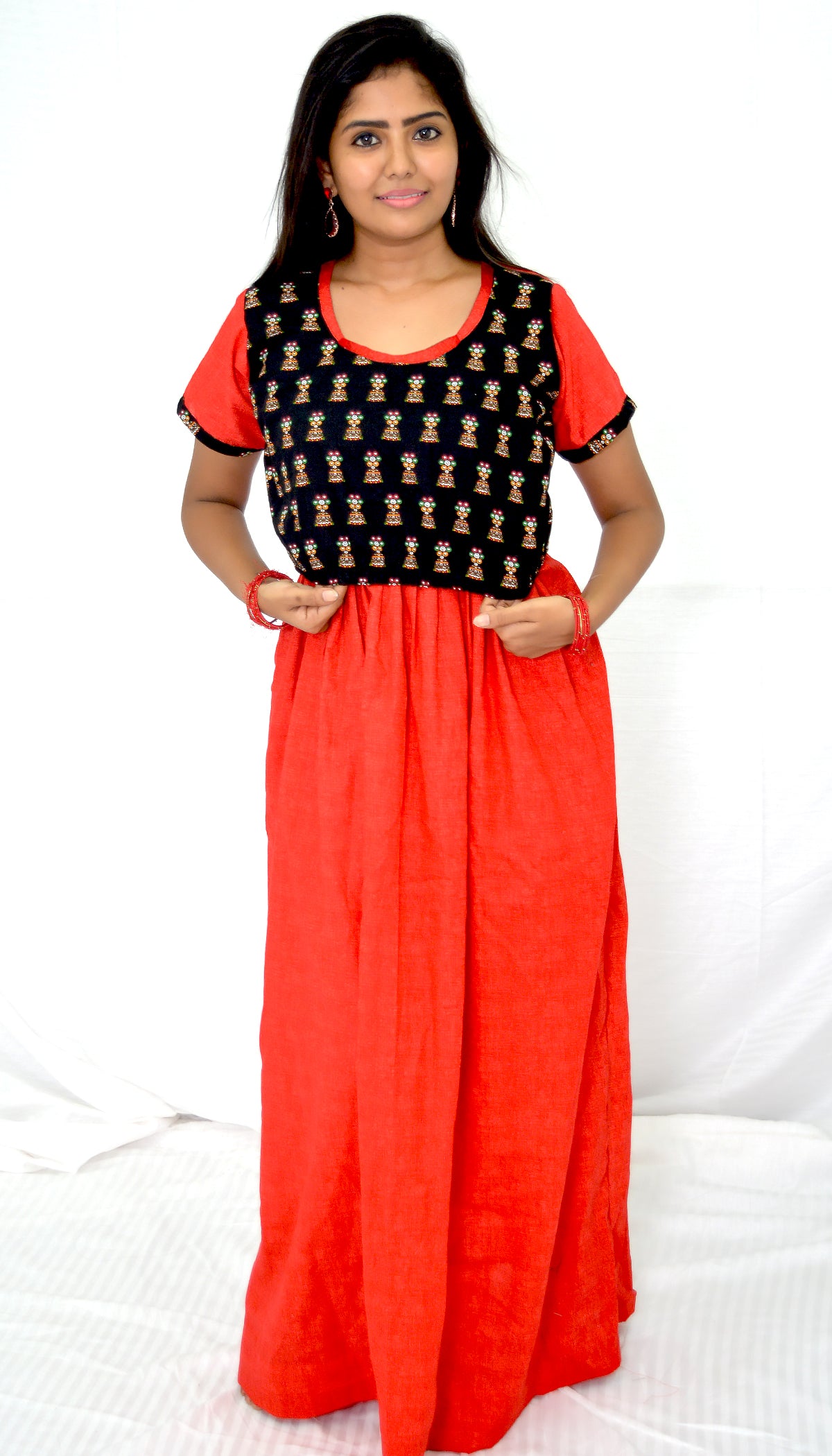 APPLE DARK Red and black cotton frock  Maternity Feeding Nighty