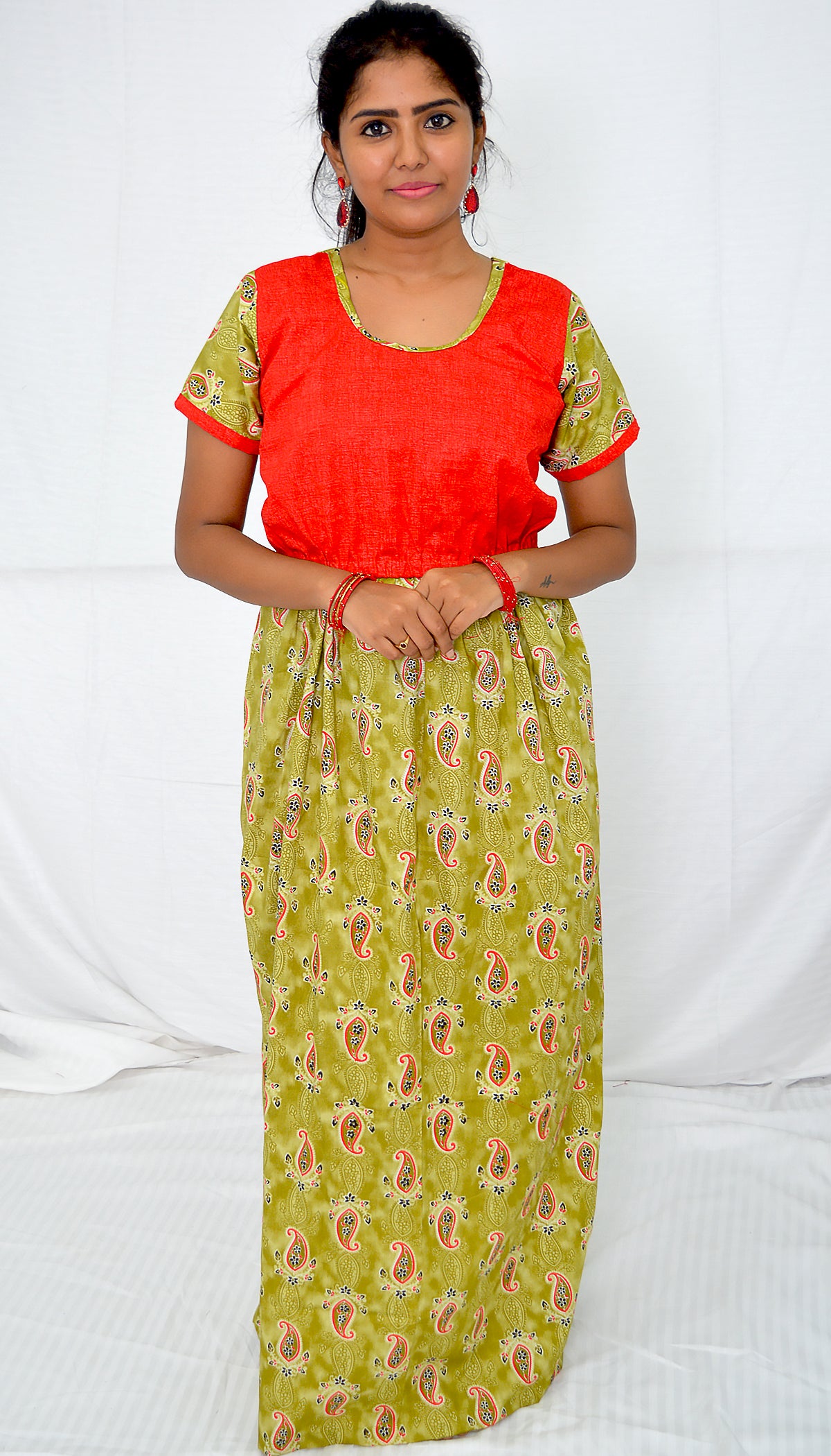 dark lemon lime and red   cotton frock  Maternity Feeding Nighty