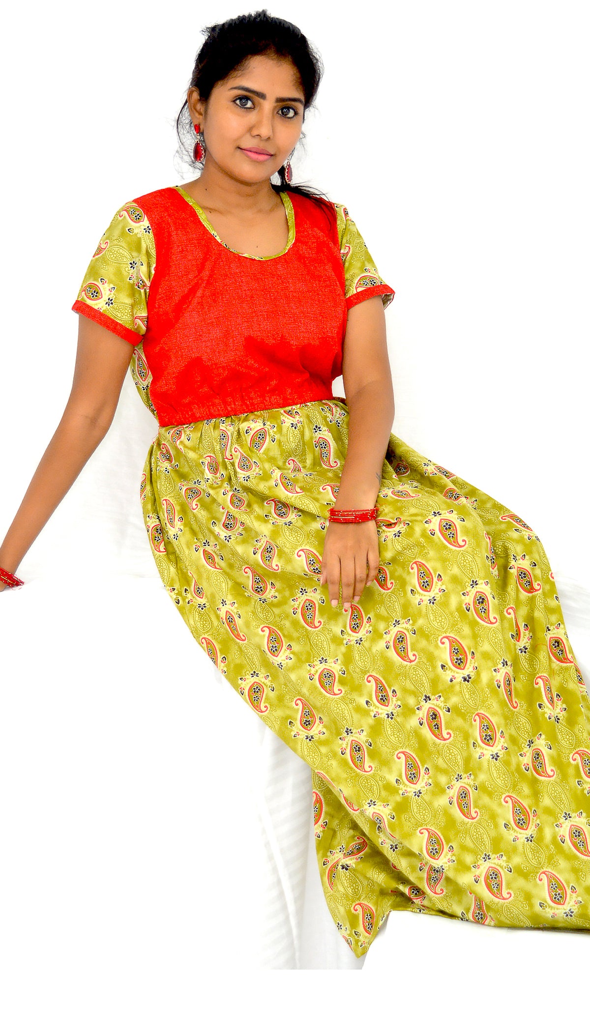 dark lemon lime and red   cotton frock  Maternity Feeding Nighty