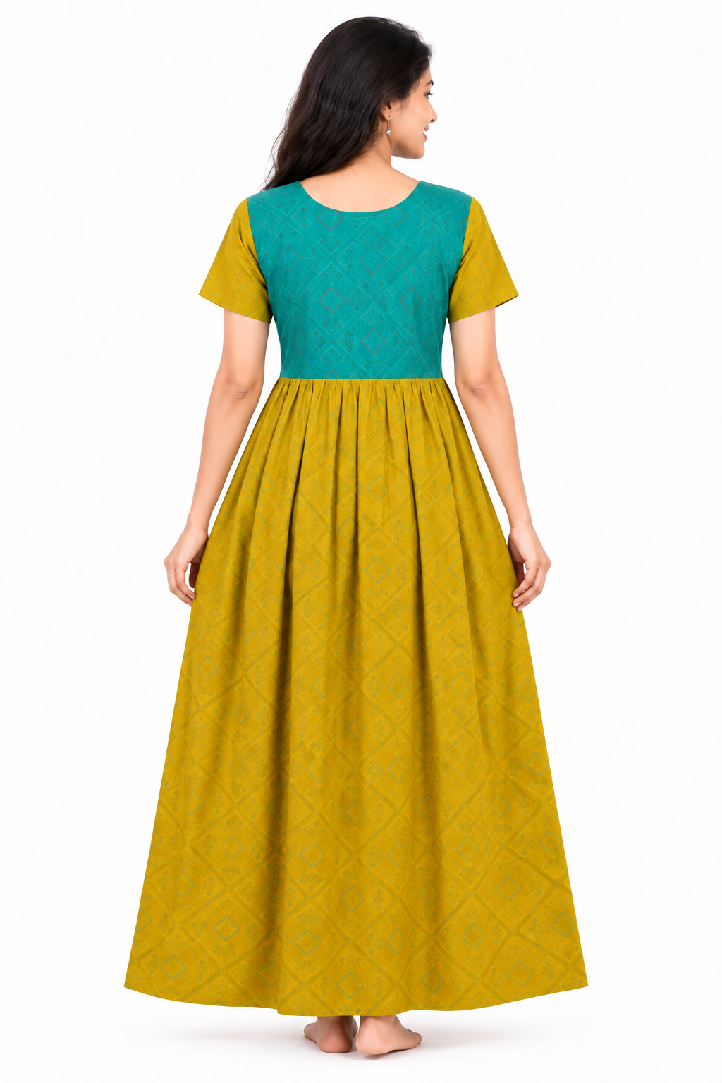 AISNIGHA Soft Touch golden yellow and ramar green cotton frock