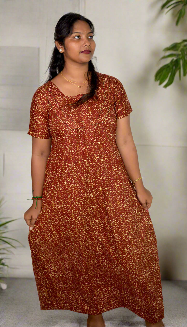 Maroon Cotton Printed Nighty