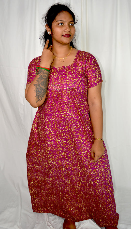 Cotton Bold Pink Floral Print Nighty