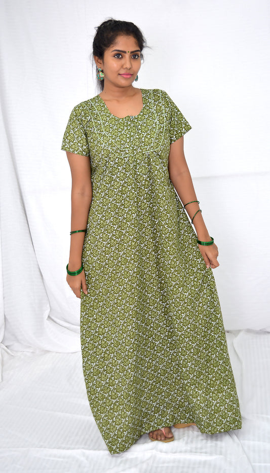 Dark Olive Green  cotton  Floral Nighties