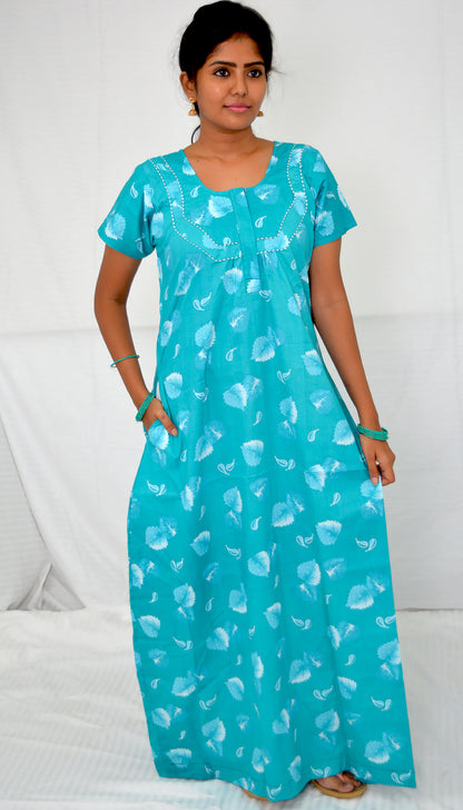 Dark cyan  cotton  Floral Nighties