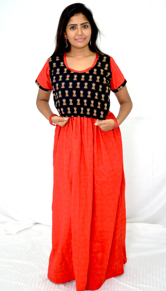 APPLE DARK Red and black cotton frock  Maternity Feeding Nighty