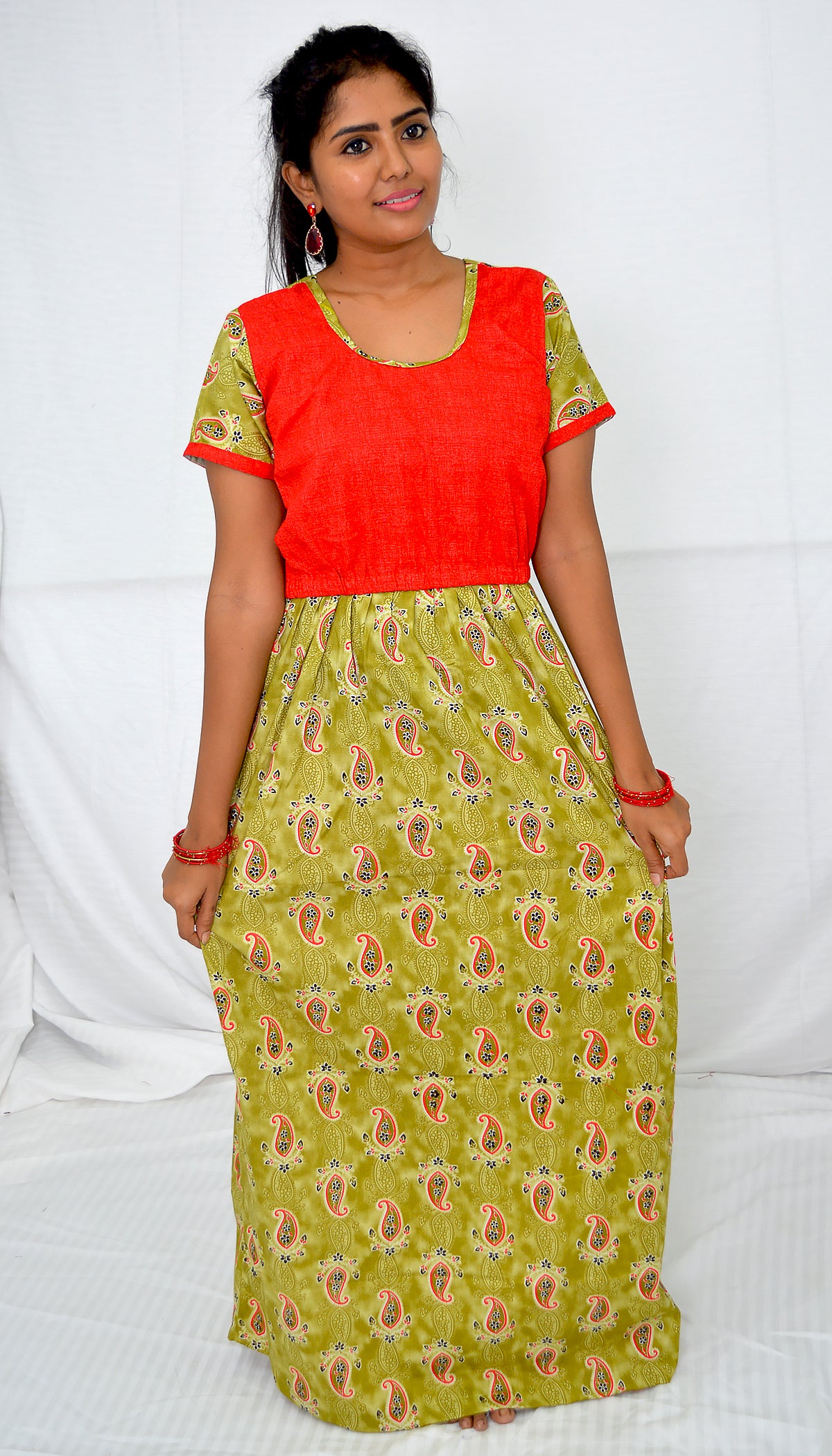 dark lemon lime and red   cotton frock  Maternity Feeding Nighty