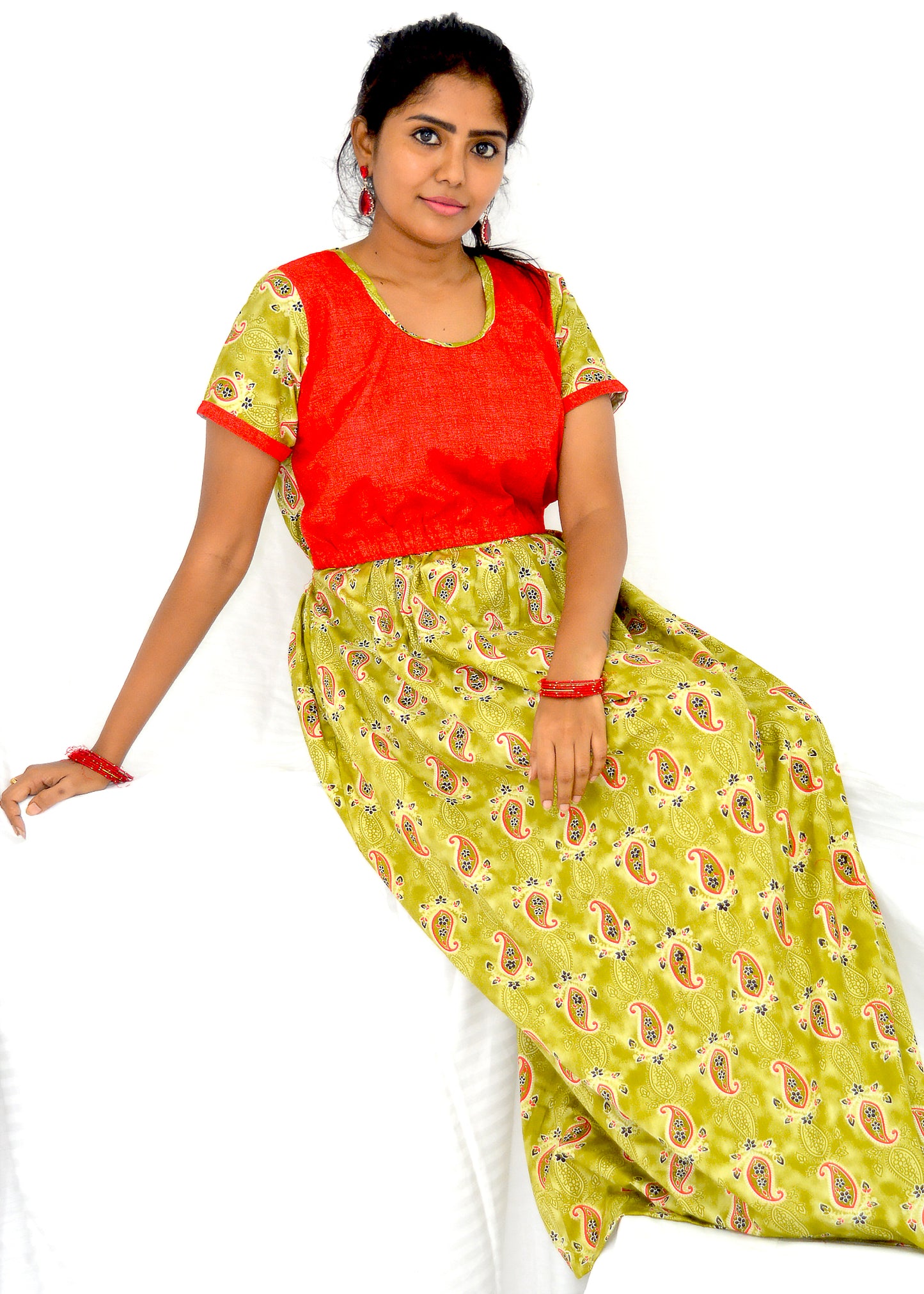 dark lemon lime and red   cotton frock  Maternity Feeding Nighty