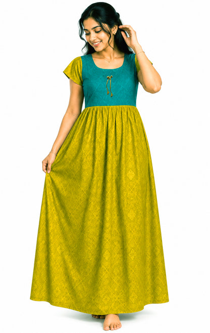 Aisnigha Soft Touch Sleepwear  golden yellow and rama green cotton frock