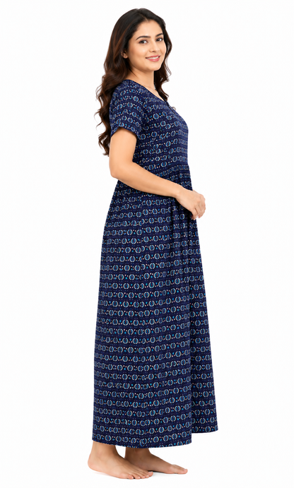 AISNIGHA Navy Blue Soft Cotton Daily Wear-Frock Model Nighty for Women