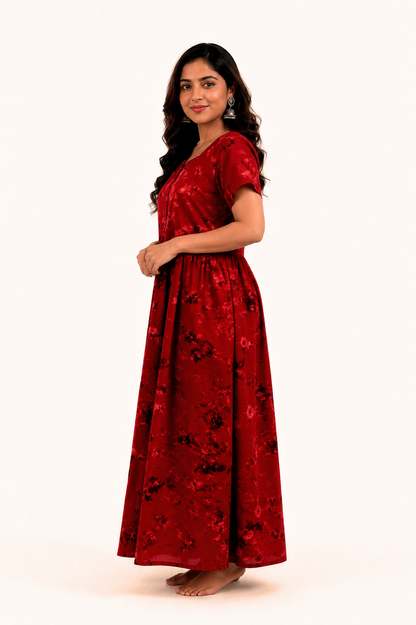 Batik Cotton Dark Red Nighty Frock with Front Zip