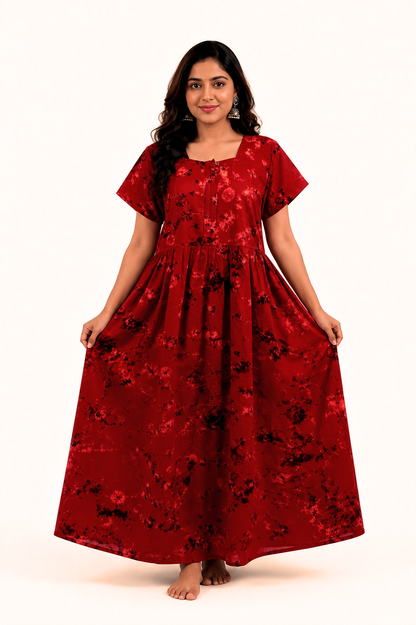 Batik Cotton Dark Red Nighty Frock with Front Zip