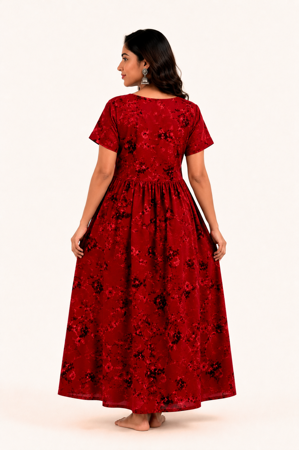 Batik Cotton Dark Red Nighty Frock with Front Zip