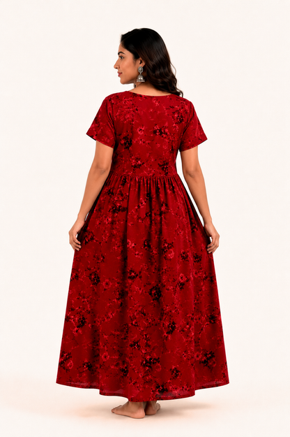 Batik Cotton Dark Red Nighty Frock with Front Zip