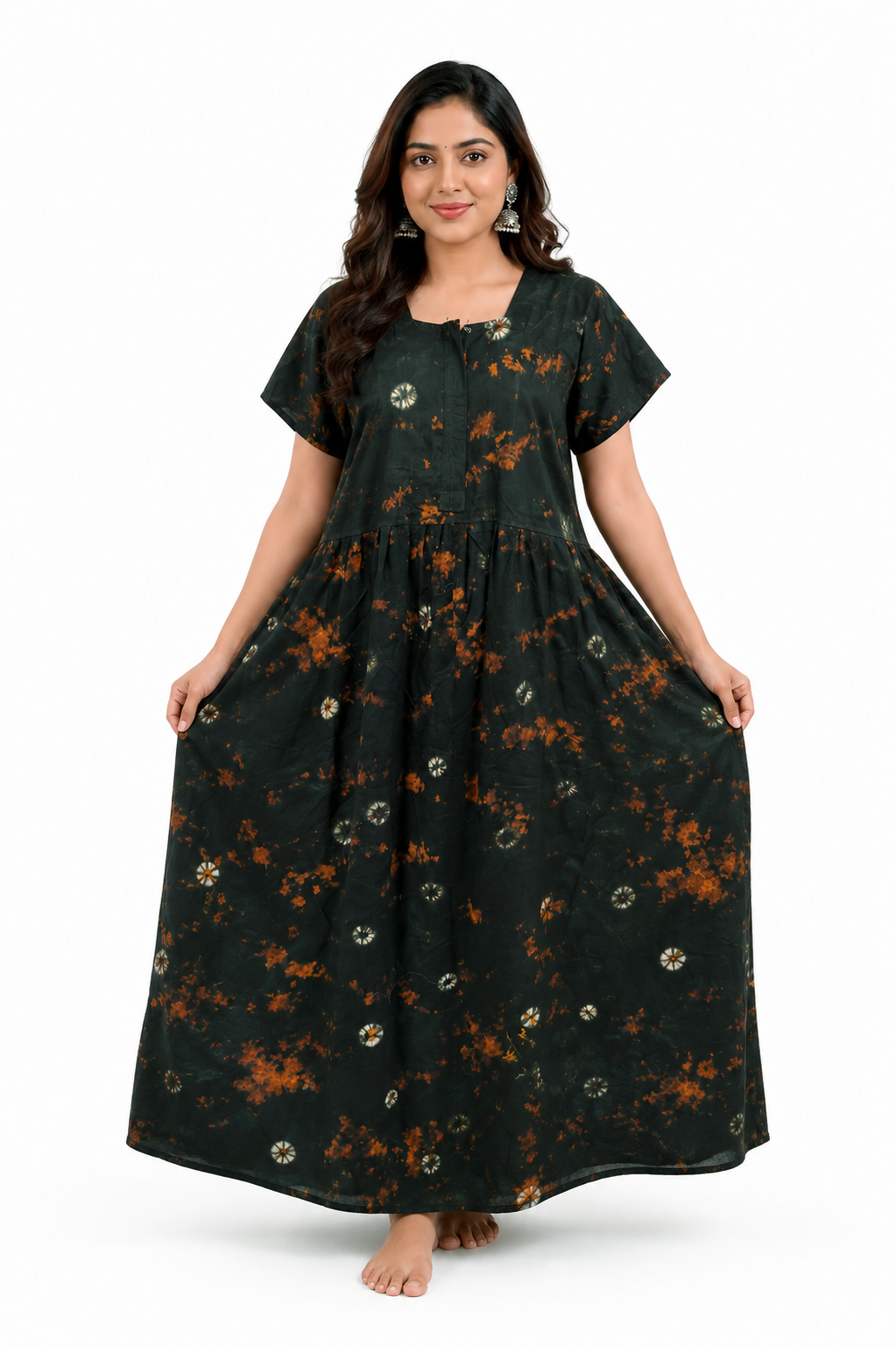 Batik Cotton dark Green Nighty Frock with Front Zip