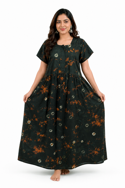 Batik Cotton dark Green Nighty Frock with Front Zip
