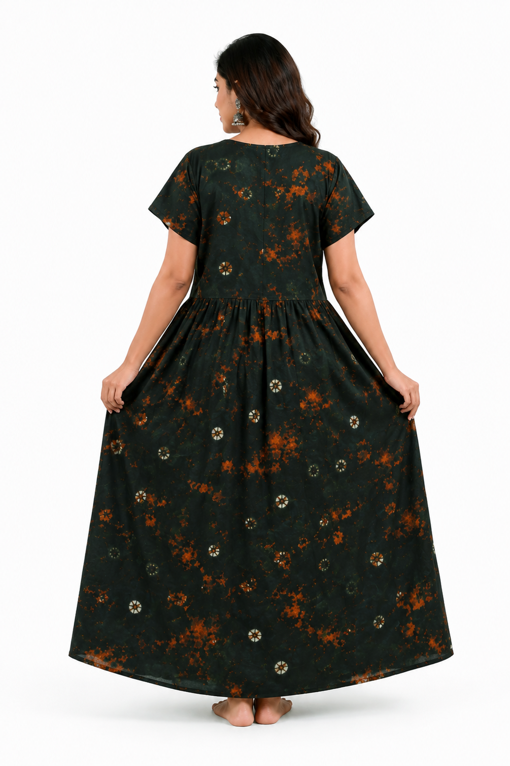 Batik Cotton dark Green Nighty Frock with Front Zip