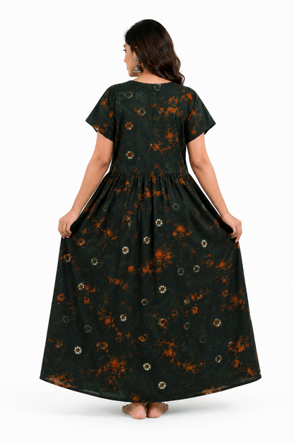 Batik Cotton dark Green Nighty Frock with Front Zip