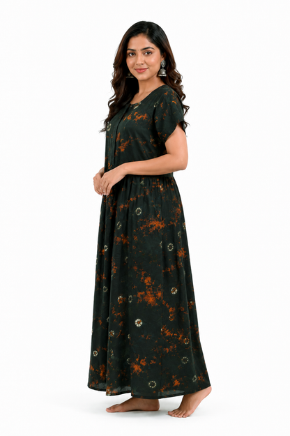 Batik Cotton dark Green Nighty Frock with Front Zip