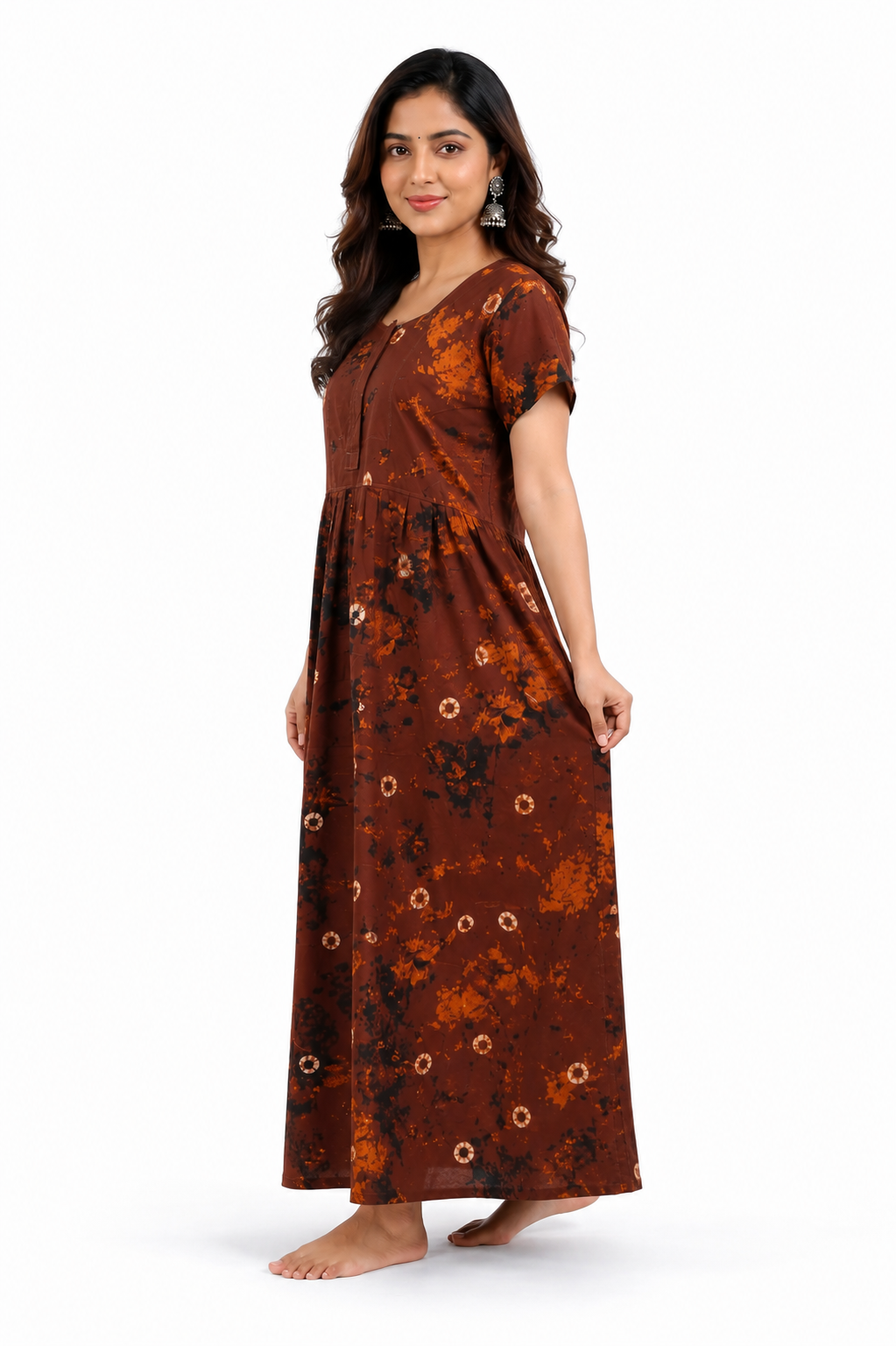 Batik Cotton Brown Nighty Frock with Front Zip