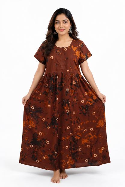 Batik Cotton Brown Nighty Frock with Front Zip