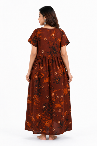 Batik Cotton Brown Nighty Frock with Front Zip