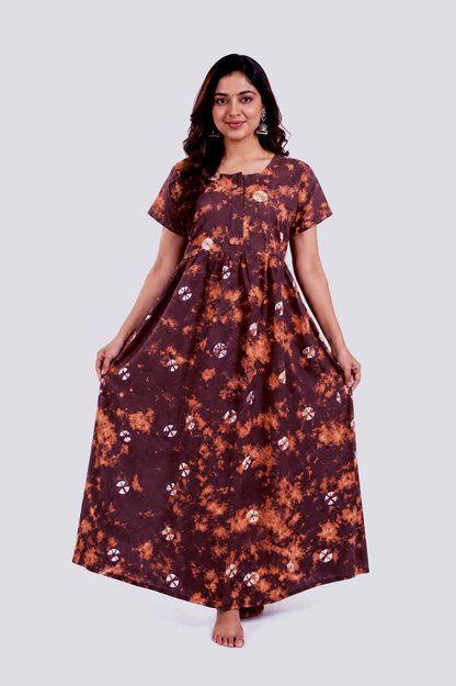 Batik Cotton multicolour Nighty Frock with Front Zip