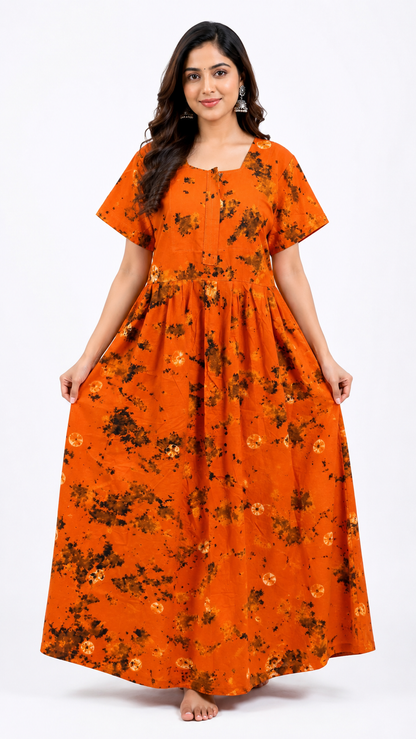 Batik Cotton Orange Nighty Frock with Front Zip