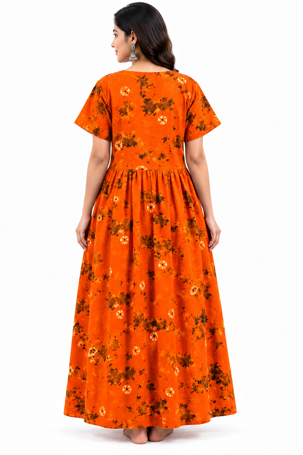 Batik Cotton Orange Nighty Frock with Front Zip