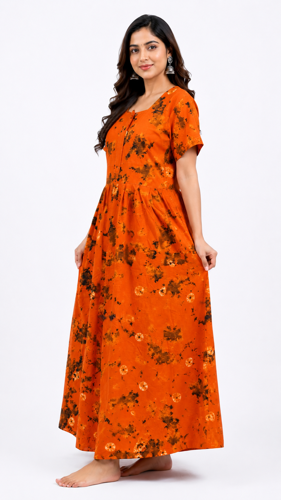 Batik Cotton Orange Nighty Frock with Front Zip