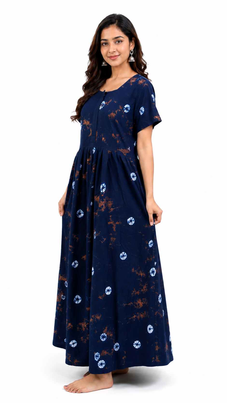 Batik Cotton Dark navy Nighty Frock with Front Zip
