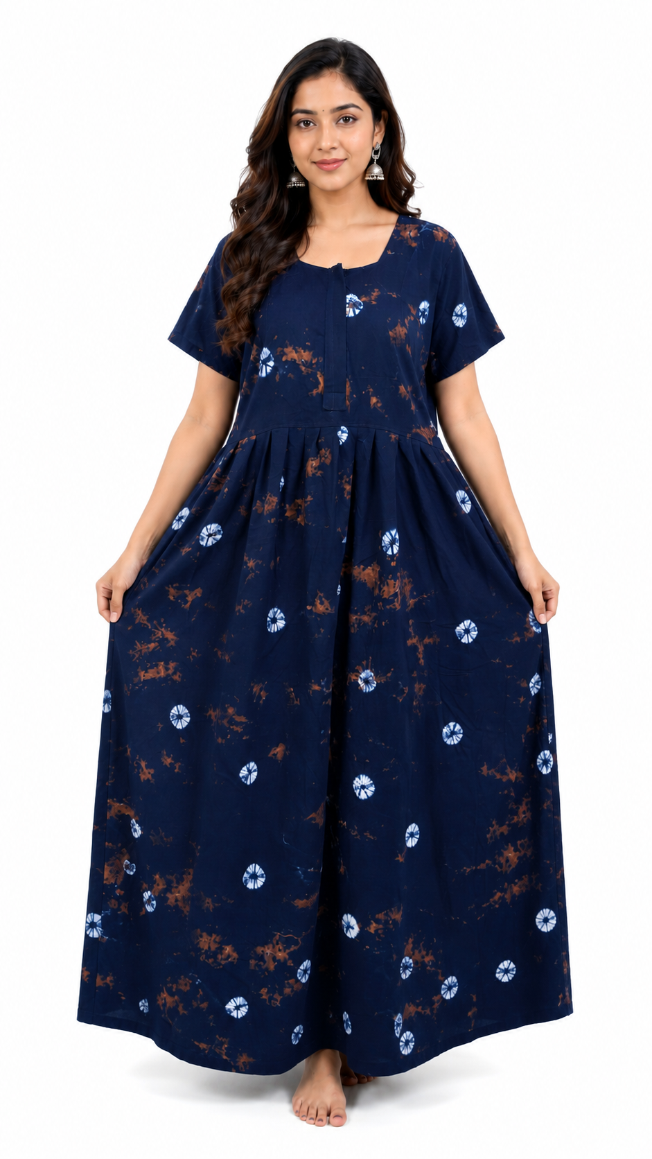 Batik Cotton Dark navy Nighty Frock with Front Zip