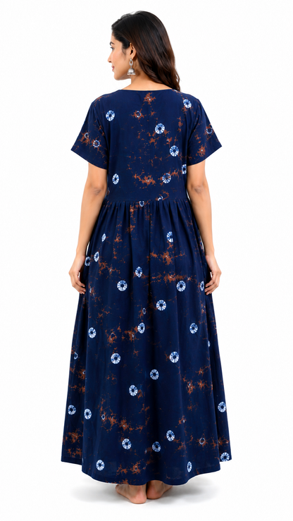 Batik Cotton Dark navy Nighty Frock with Front Zip
