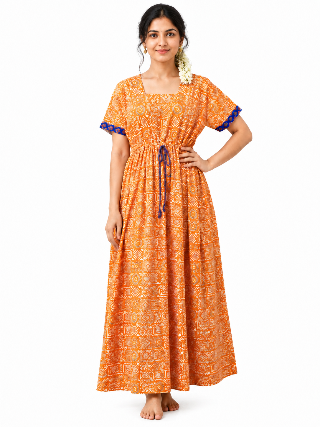 Adjustable Gathering Style Rope Cotton Nighty Gown