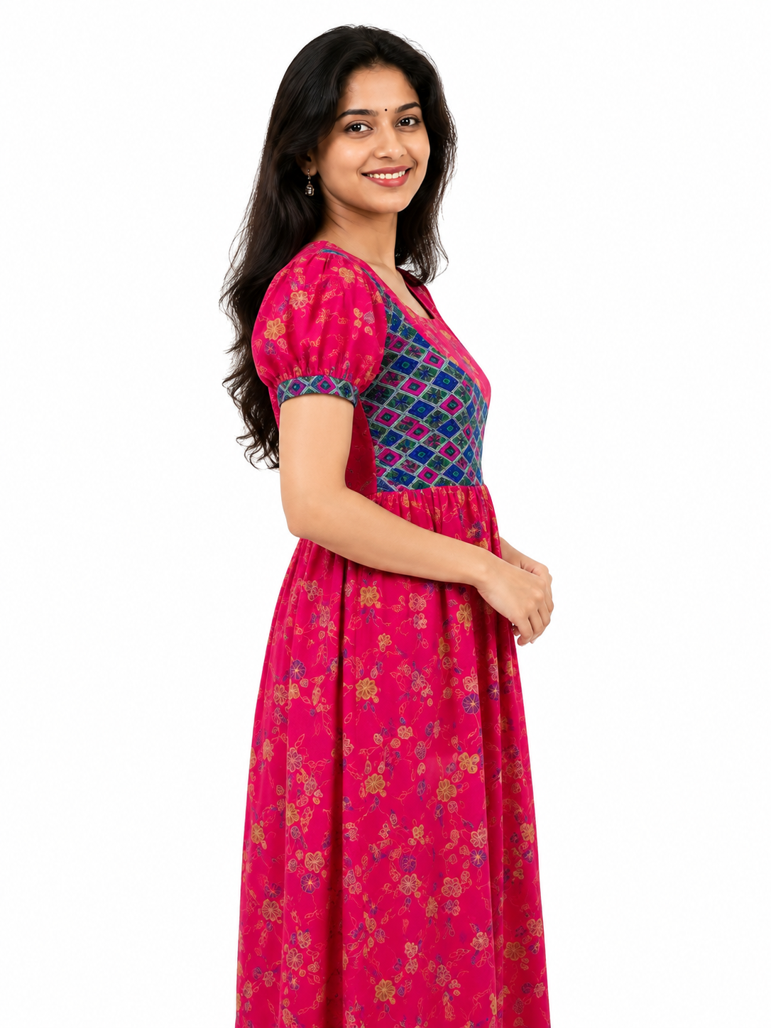 Cotton Red Rose and Blue Frock Model