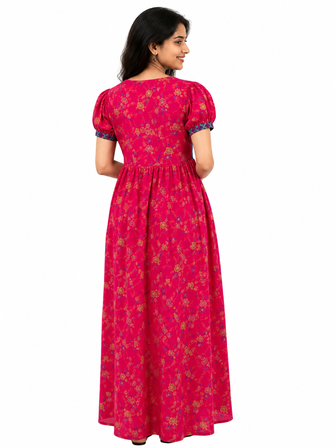 Cotton Red Rose and Blue Frock Model