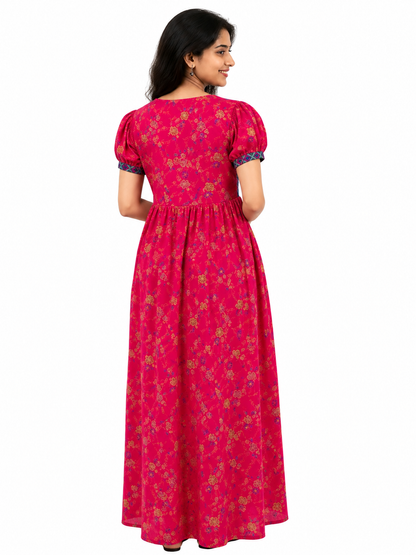 Cotton Red Rose and Blue Frock Model