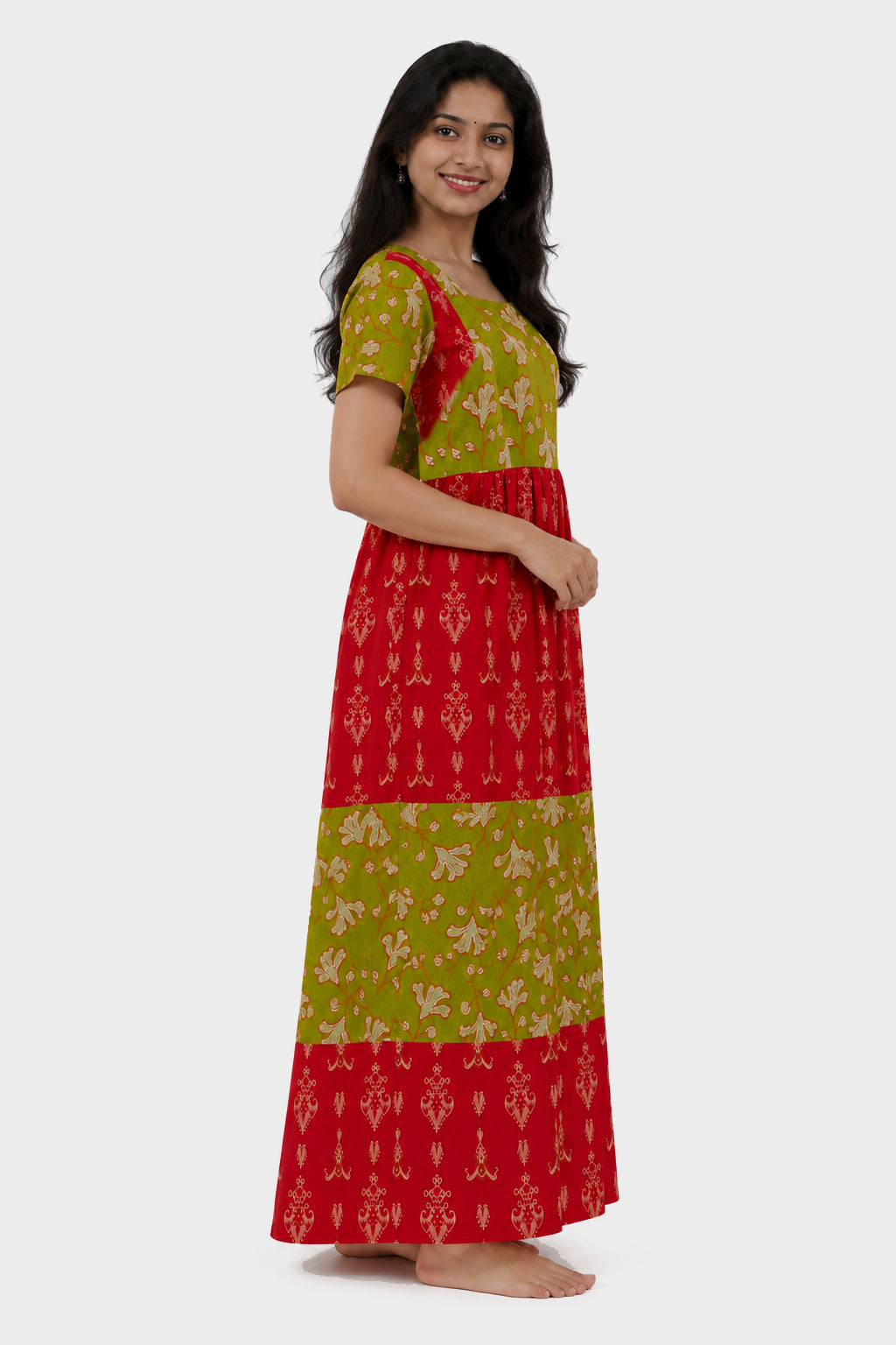 Pure Cotton Pinkle Green and Dark Red Frock Model