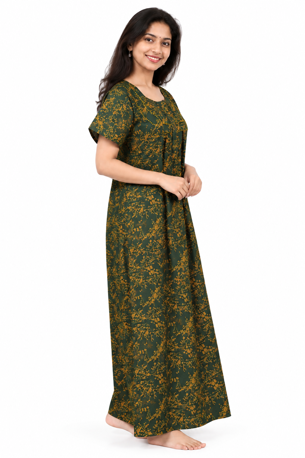 AISNIGHA Dark Green with Mango Yellow Pure Cotton Nighty