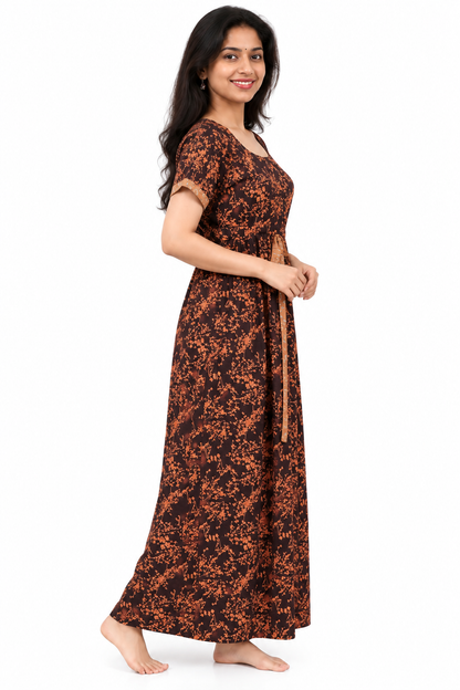 Adjustable Gathering Style Rope Brown Cotton Nighty Gown