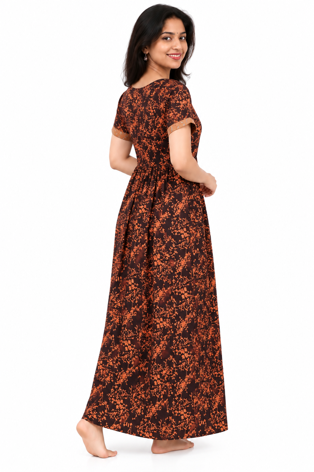 Adjustable Gathering Style Rope Brown Cotton Nighty Gown